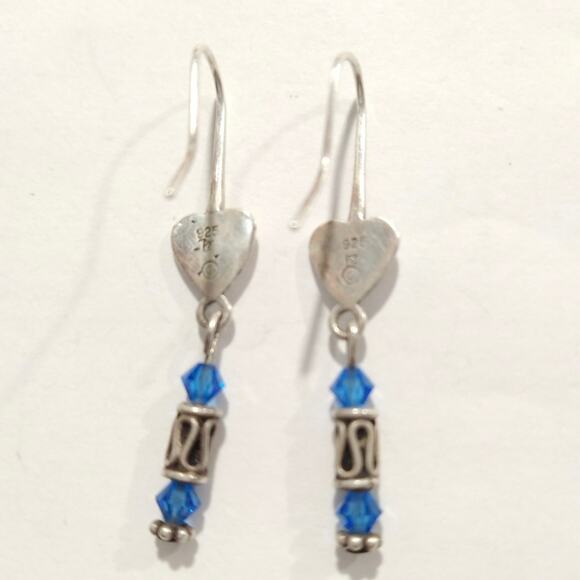 Vtg 925 Sterling Silver Hearts Dangle Drop Earrings Royal Blue Crystal Signed - Picture 4 of 7